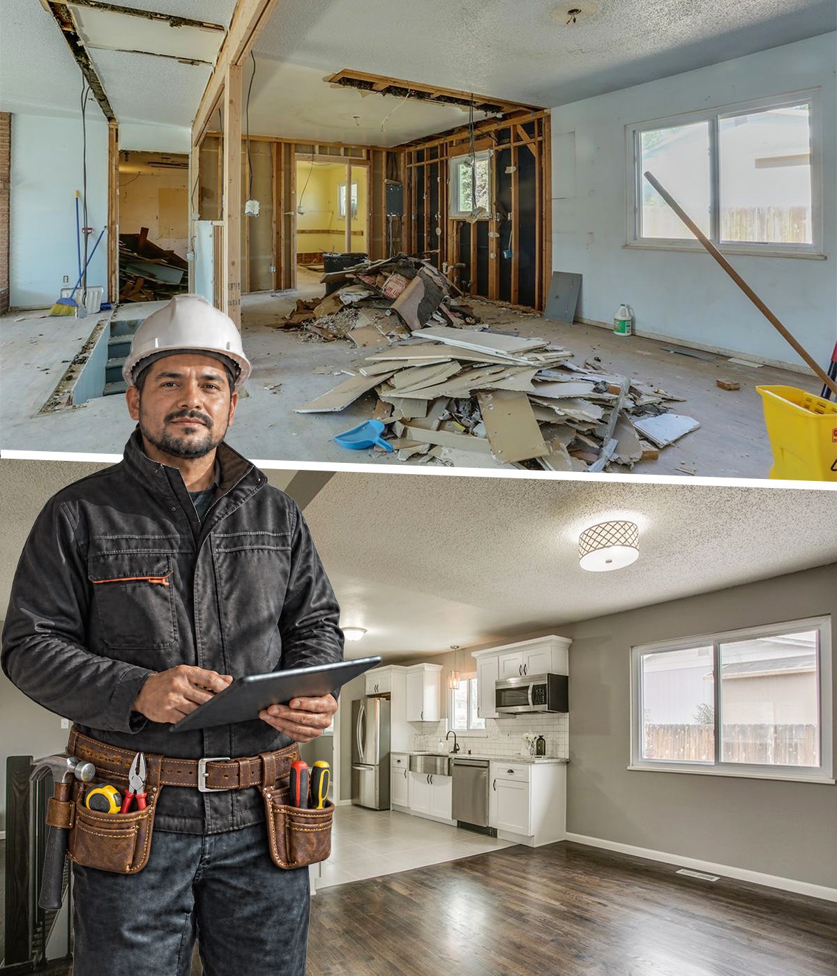 Home remodeling: a contractor in a hard hat at a renovation site and another with a tablet in a finished kitchen