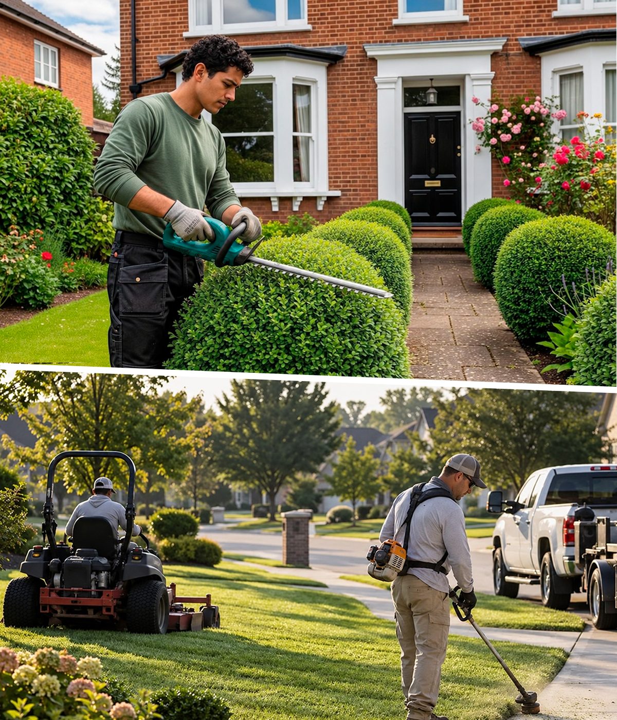 Landscaping and lawn care: a worker trimming a hedge and another mowing and trimming a lawn