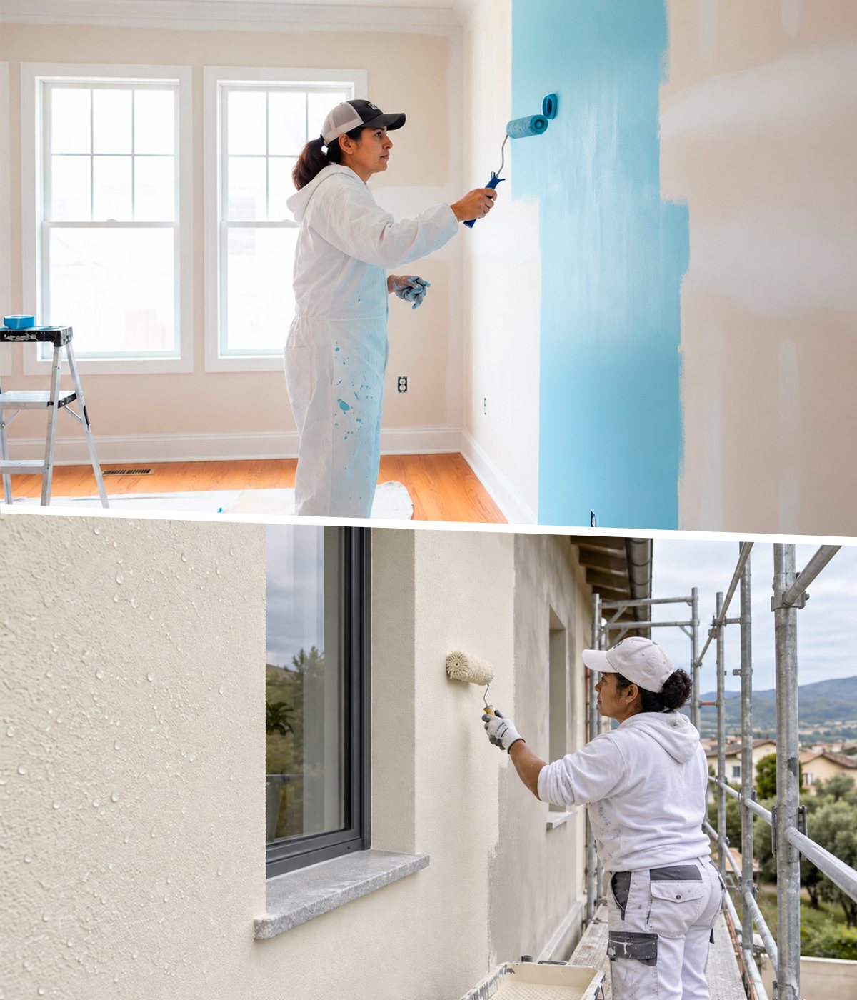 Painting contractors: a painter rolling blue paint on an interior wall and another painting an exterior wall